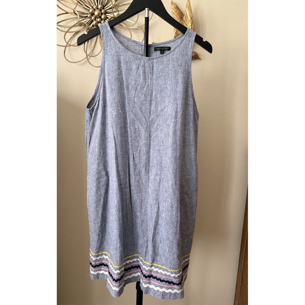 For Cynthia Linen Blend Dress Womens M Sleeveless Shift‎ Embroidered Hem